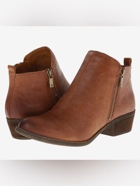 Lucky Brand Basel Bootie Tan Leather Ankle Boots with Side Zipper